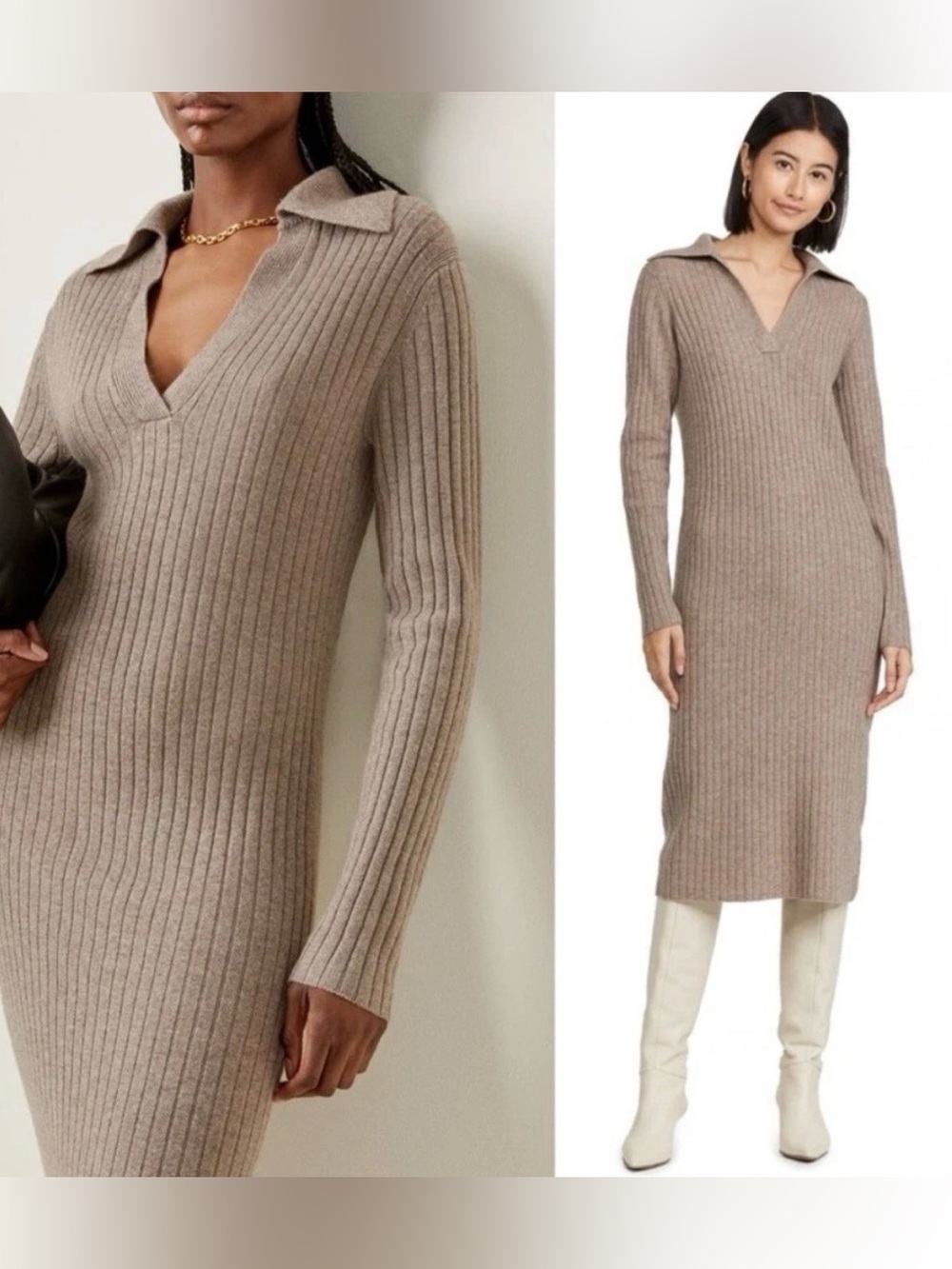 Vince Ribbed Wool Cashmere Polo Midi Sweater Dress Taupe Small Great Condition